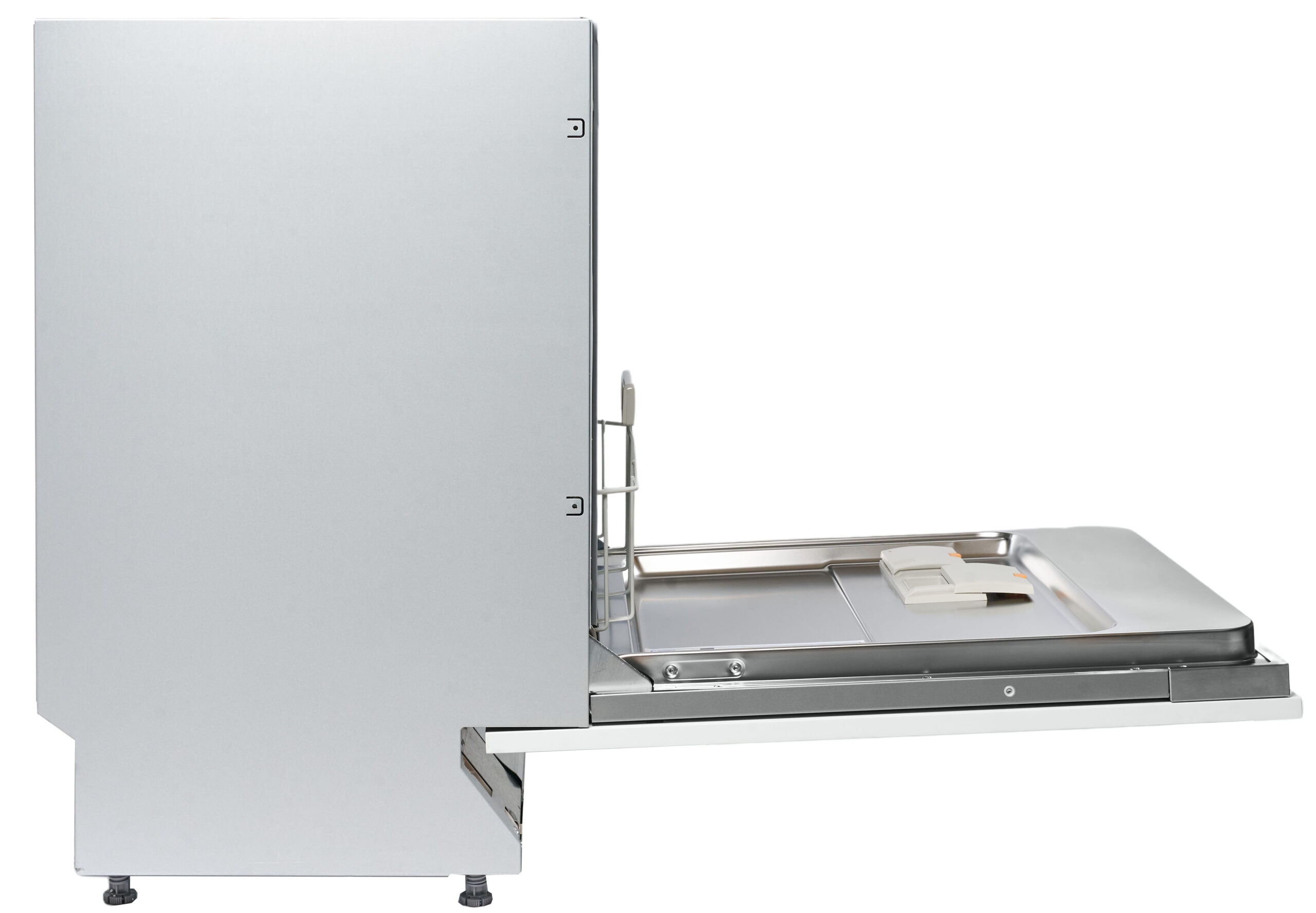 Industrial stainless-steel dishwasher with an open door showing a metal rack and silverware tray inside.