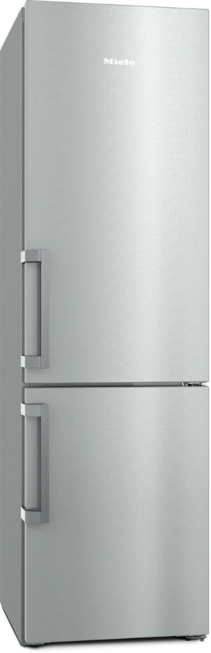 Stainless steel Miele refrigerator with two vertical doors and long handles, top fridge and bottom freezer