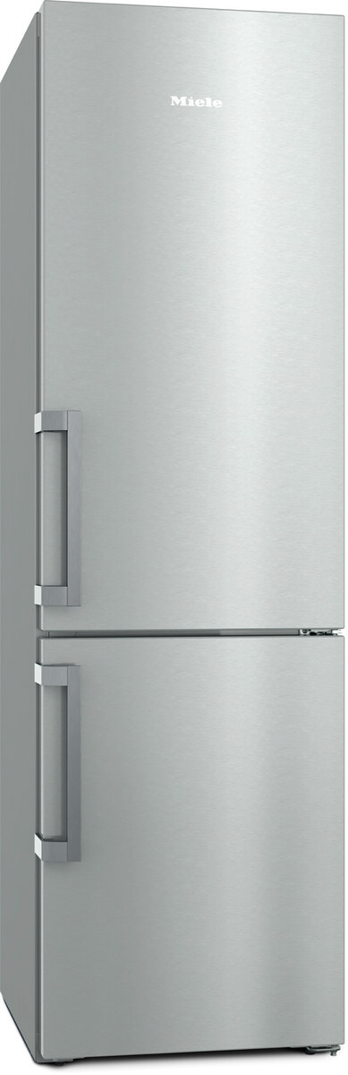 Stainless steel Miele refrigerator with two vertical doors and long handles, top fridge and bottom freezer
