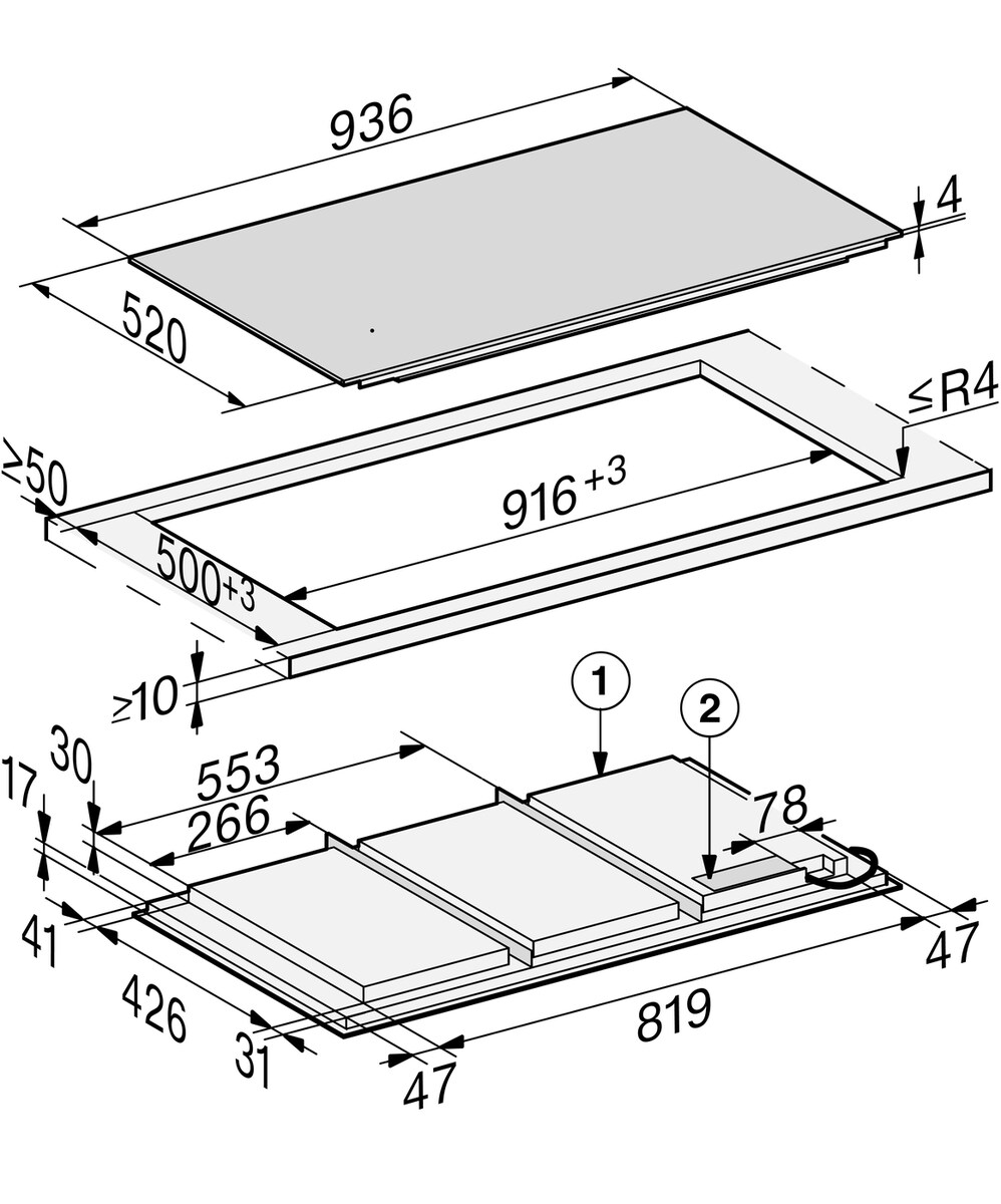 Exploded isometric diagram of a panel and base frame with measurements: top plate 936×520×4 mm and surrounding frame 916+3 mm with interior partitions.