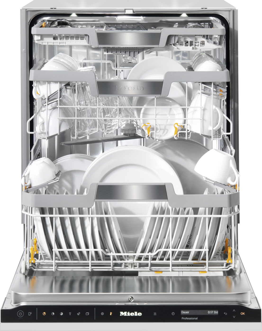 Open dishwasher with racks full of clean dishes and glassware on a stainless steel interior, ready for loading or unloading.