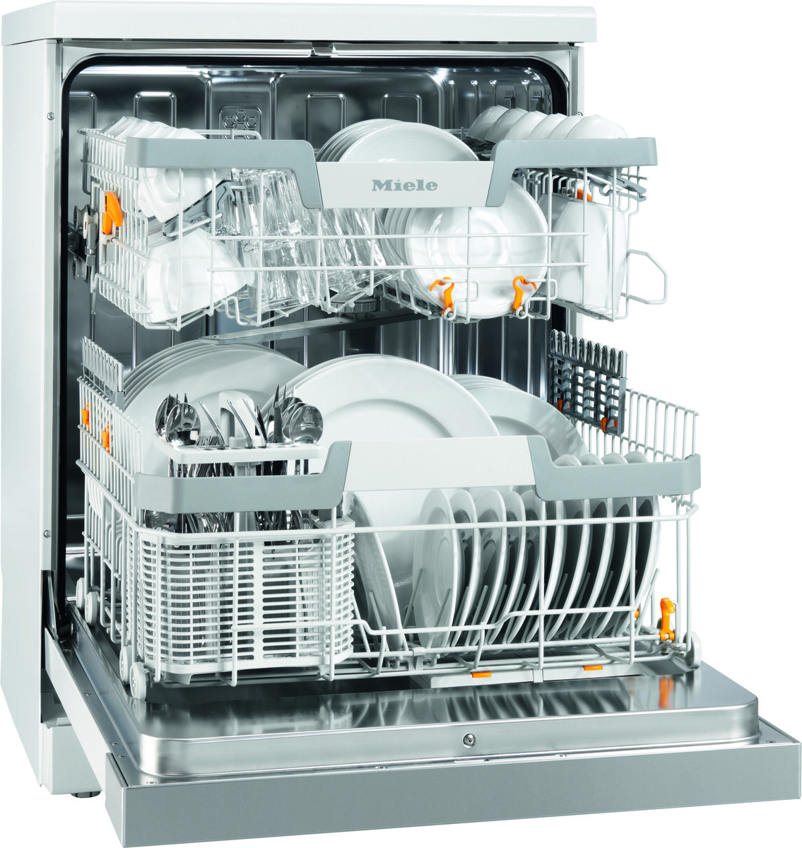 Open Miele dishwasher with white dishes arranged on both racks, ready to be cleaned
