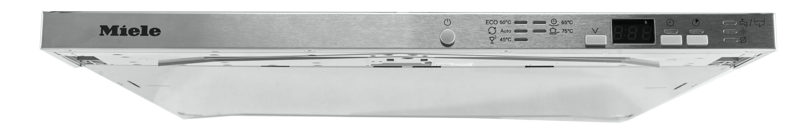 Top-front view of a stainless steel Miele dishwasher showing its control panel with a digital display and buttons.
