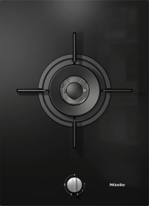 Top-down view of a black glass gas cooktop burner with a circular grate and centered burner, control knob below to the right; Miele logo visible.