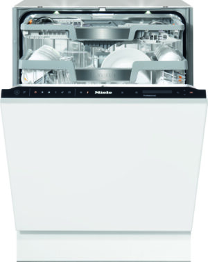 Open Miele dishwasher with the upper rack pulled out, revealing clean plates and bowls inside.