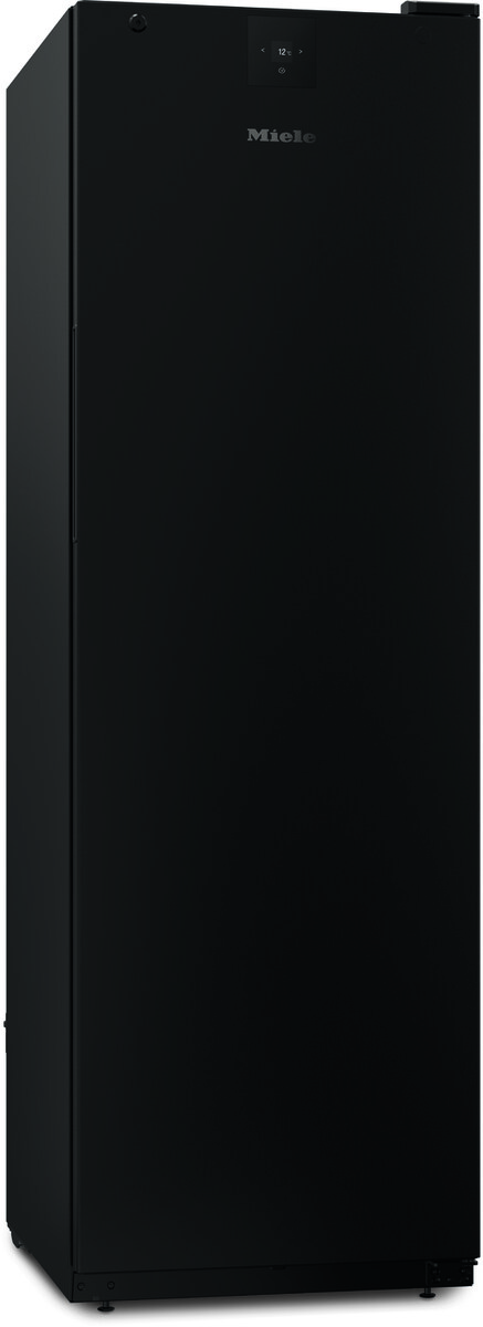 Tall black Miele freestanding refrigerator with a small digital control panel at the top front.