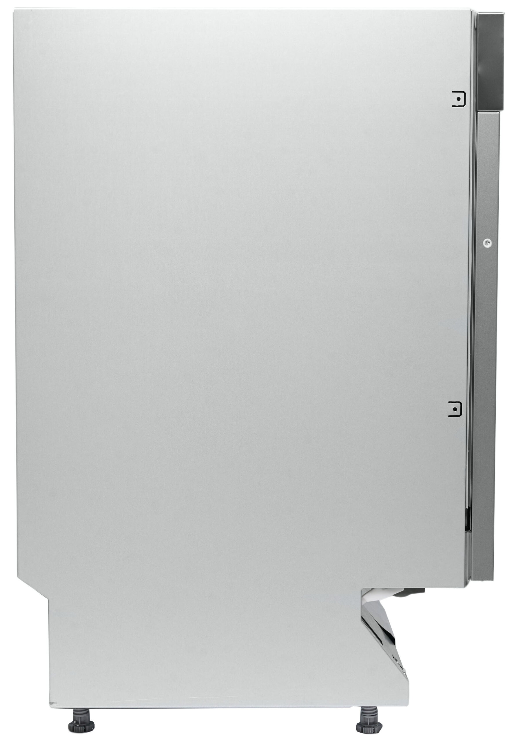 Tall brushed‑metal cabinet or enclosure, side view with adjustable feet at the bottom edge.
