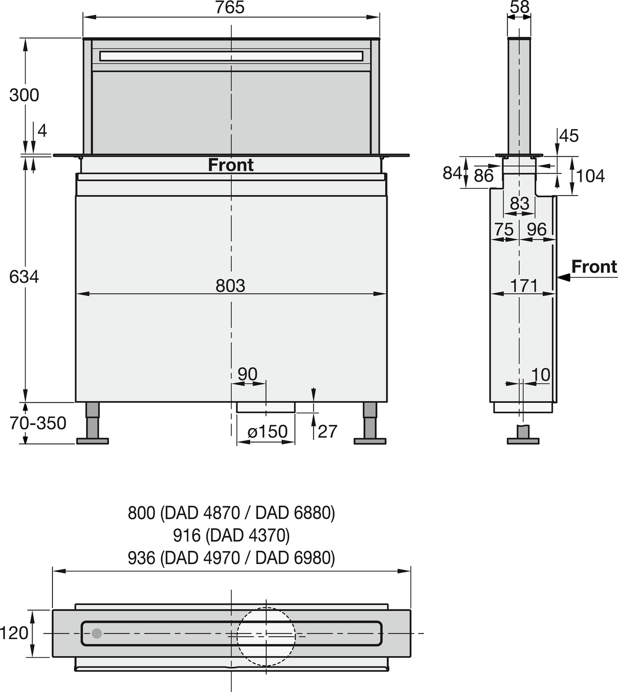 Dimensional drawing of a built-in dishwasher: front and side views with width options 800/916/936 mm, adjustable feet, and mounting flange.