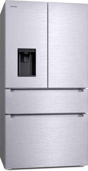 Miele stainless steel French-door refrigerator with a built-in water/ice dispenser on the left door