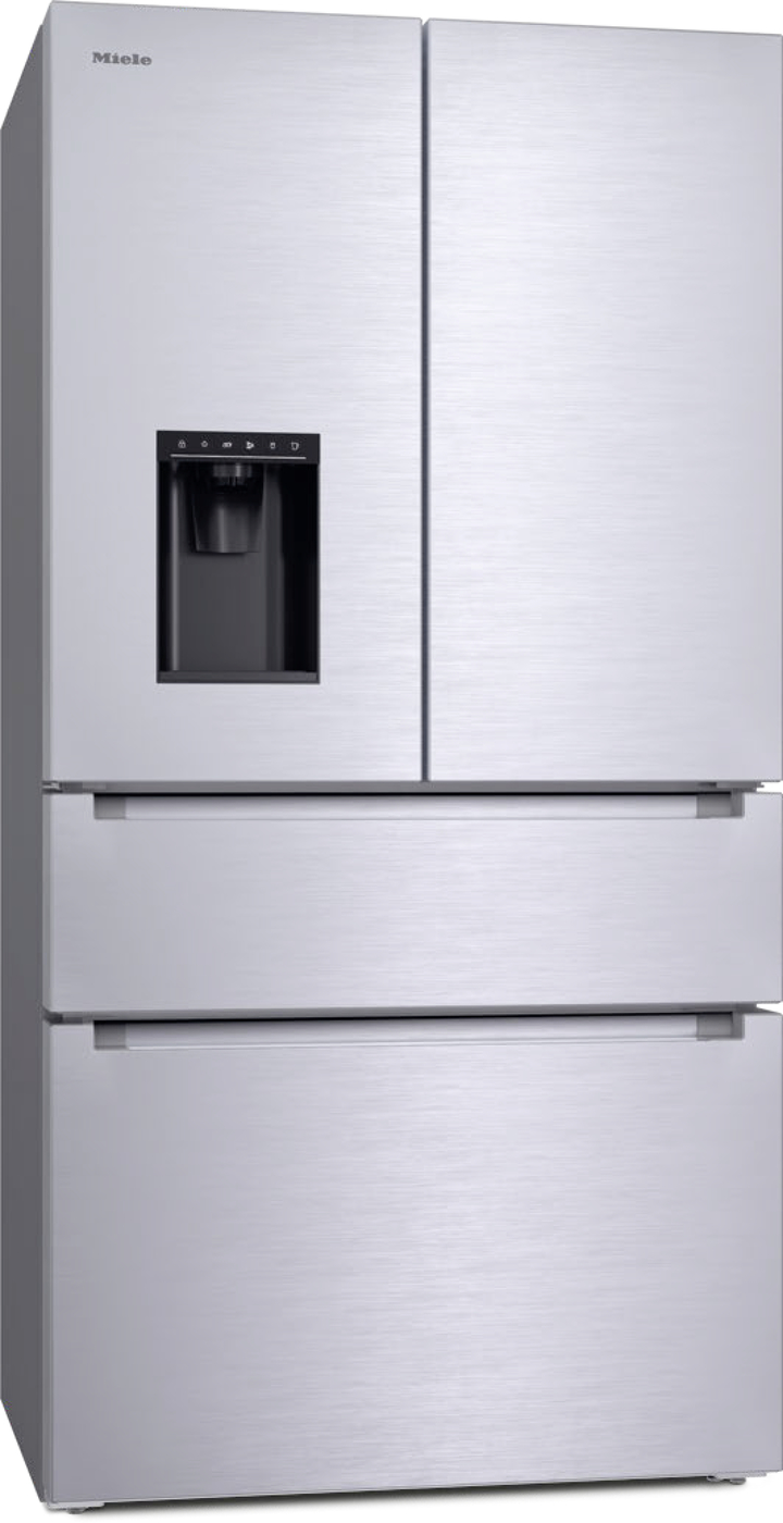 Miele stainless steel French-door refrigerator with a built-in water/ice dispenser on the left door