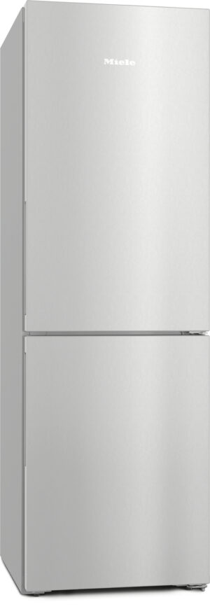 Tall stainless steel Miele refrigerator with two vertical doors (top and bottom) and brushed metal finish