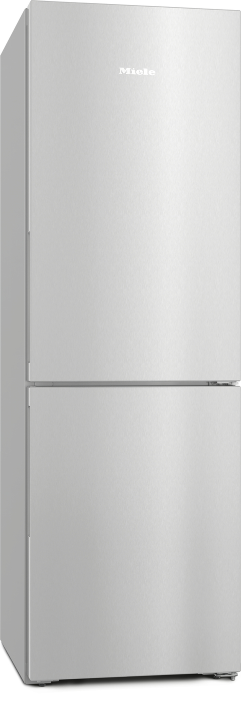Tall stainless steel Miele refrigerator with two vertical doors (top and bottom) and brushed metal finish