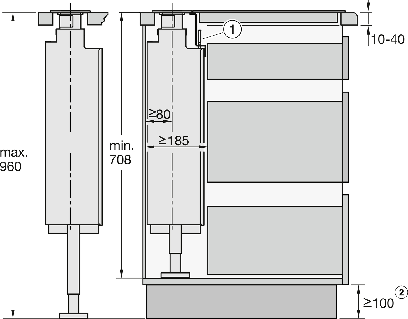 Technical cross‑section of a tall cabinet showing an adjustable mounting rail and a three‑drawer unit on the right with dimension marks (max 960, min 708).