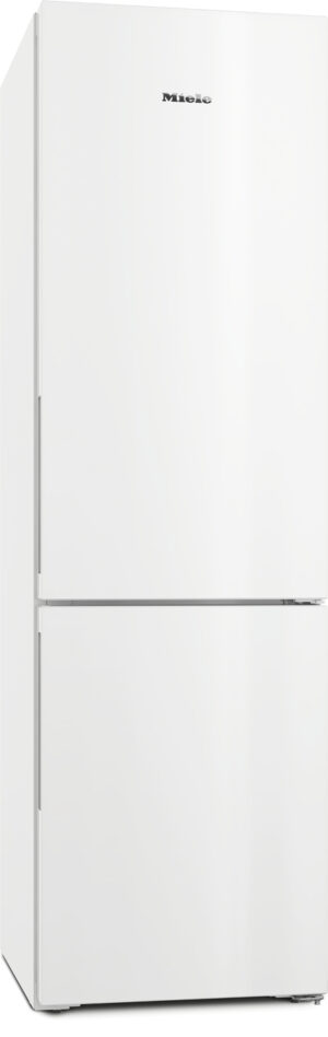 White tall Miele refrigerator with a bottom freezer drawer (double-door design)