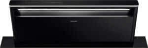 Black Miele built-in dishwasher front with a slim top control panel and handle, shown closed with an open-like upper rack area visible at the top edge.