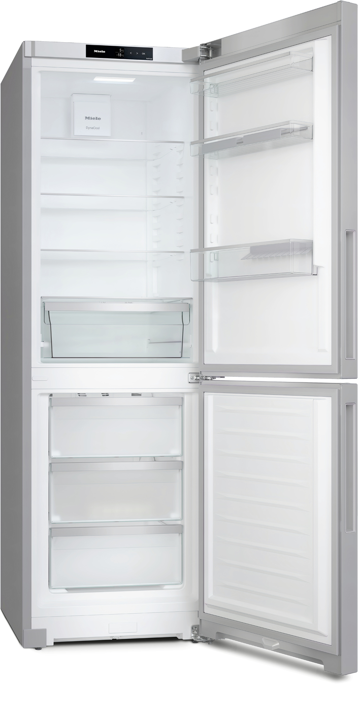 Tall stainless steel French-door refrigerator with left door open, showing empty shelves and crisper drawer beneath the freezer area on the left.