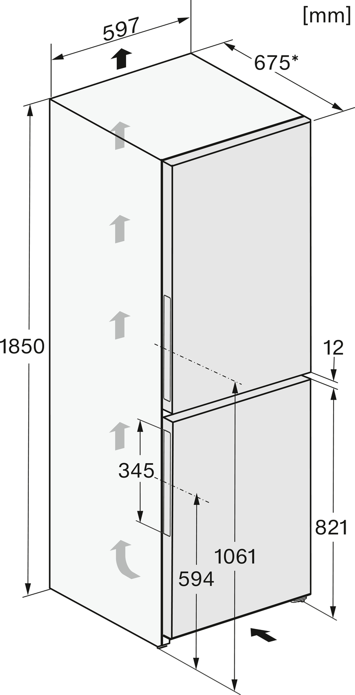 Isometric rendering of a tall, two-door refrigerator with top and bottom compartments; overall dimensions show 1850 mm tall, 597 mm wide, and 675 mm deep.