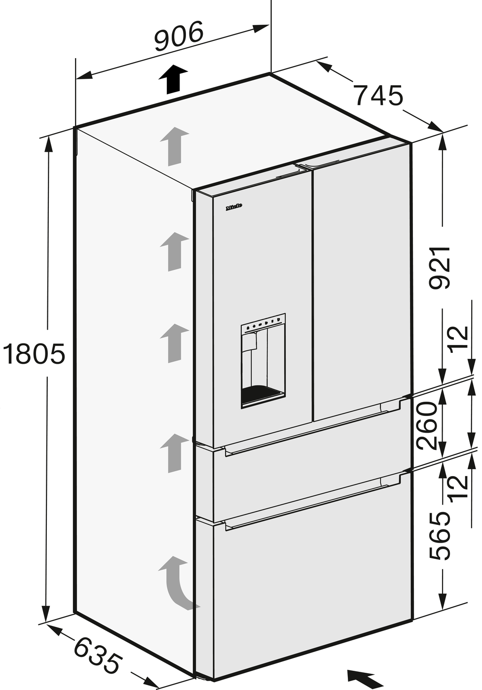 Line drawing of a tall, freestanding refrigerator with two upper doors and a bottom freezer/drawer. The left door has a water/ice dispenser. Dimension arrows indicate overall height ~1805 mm, width ~635–745 mm, and varying depths.