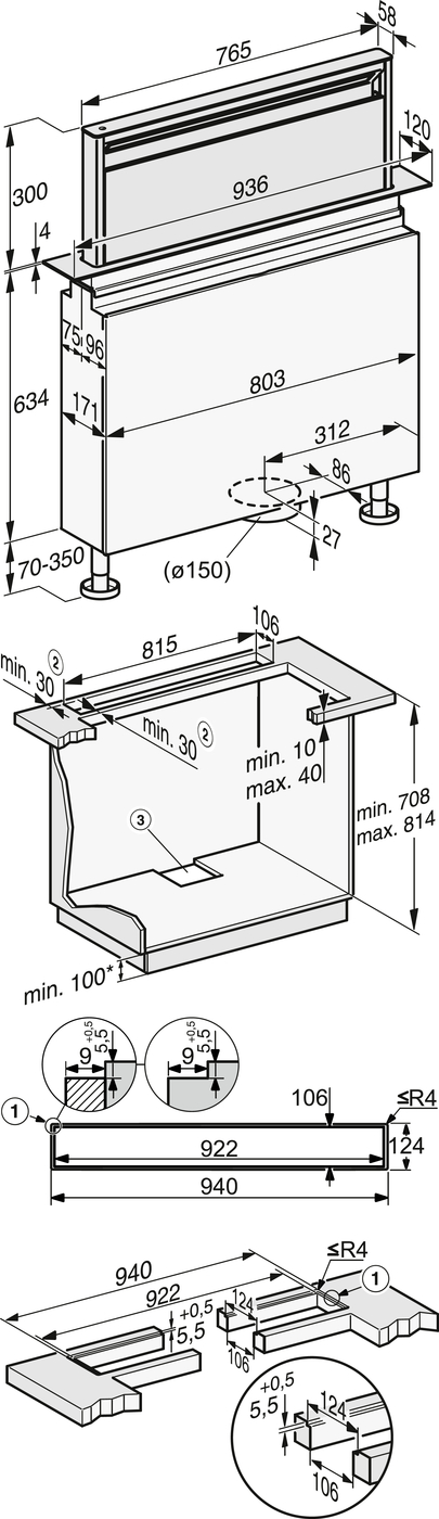 Exploded technical drawing of a bathroom vanity assembly with countertop and sink cabinet, showing overall width about 940 mm, adjustable legs from 70–350 mm, cabinet height 708–814 mm, sink cutouts and mounting holes, and rails/slots for installation.