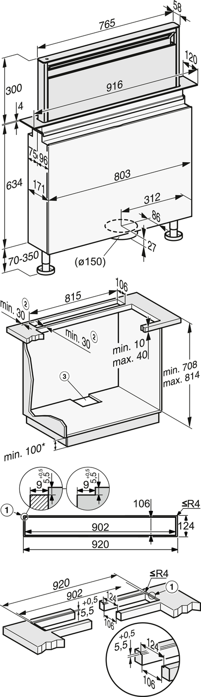Technical assembly diagram of a kitchen cabinet and sink frame with multiple views and millimeter measurements, including hole Ø150 and mounting rails.