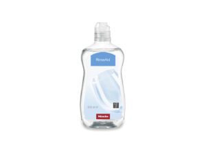 Clear dishwasher rinse aid bottle with blue label that says 'RinseAid' and Miele logo at the bottom.