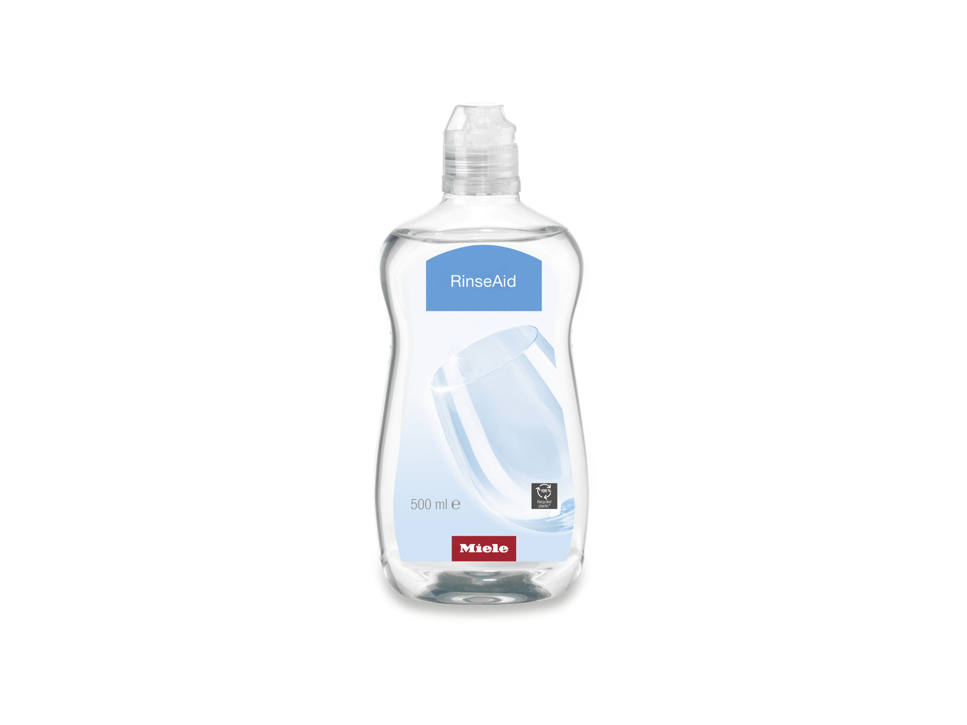 Clear dishwasher rinse aid bottle with blue label that says 'RinseAid' and Miele logo at the bottom.