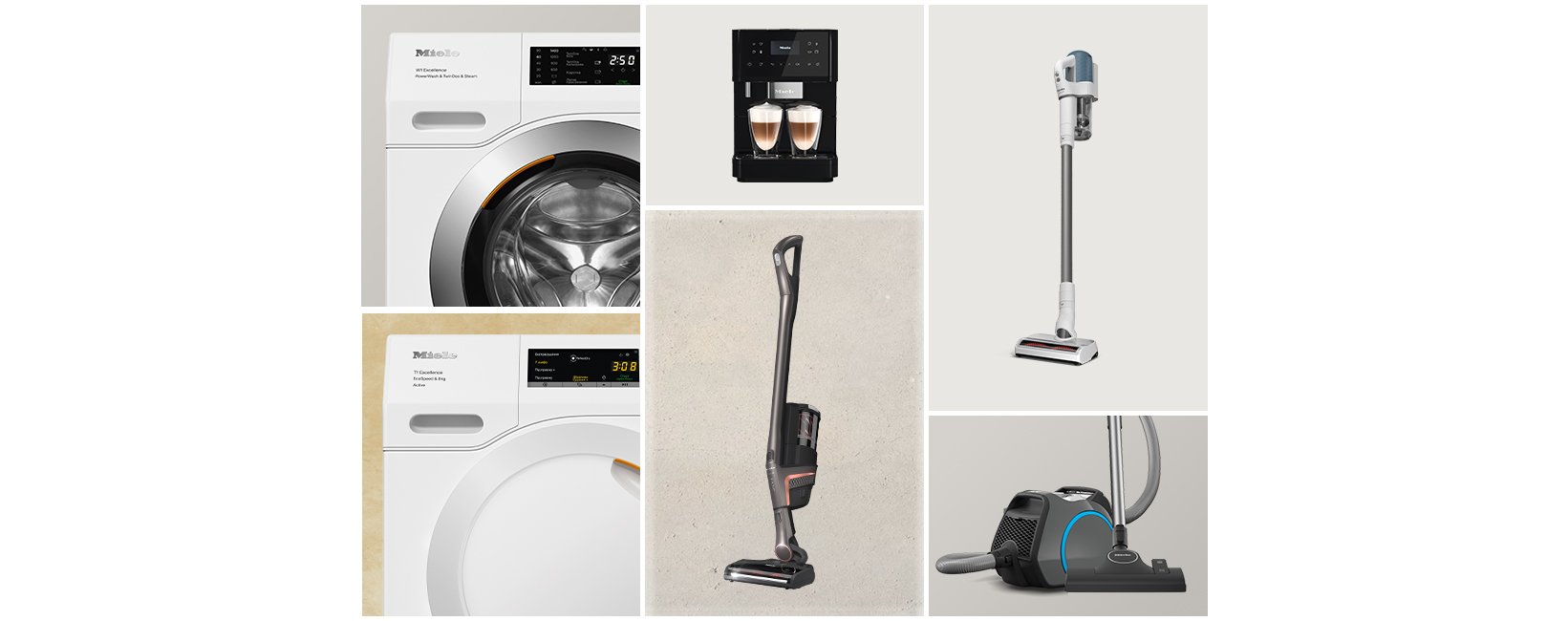 Collage of modern home appliances: front-loading washer, coffee machine, cordless stick vacuum, and canister vacuum.