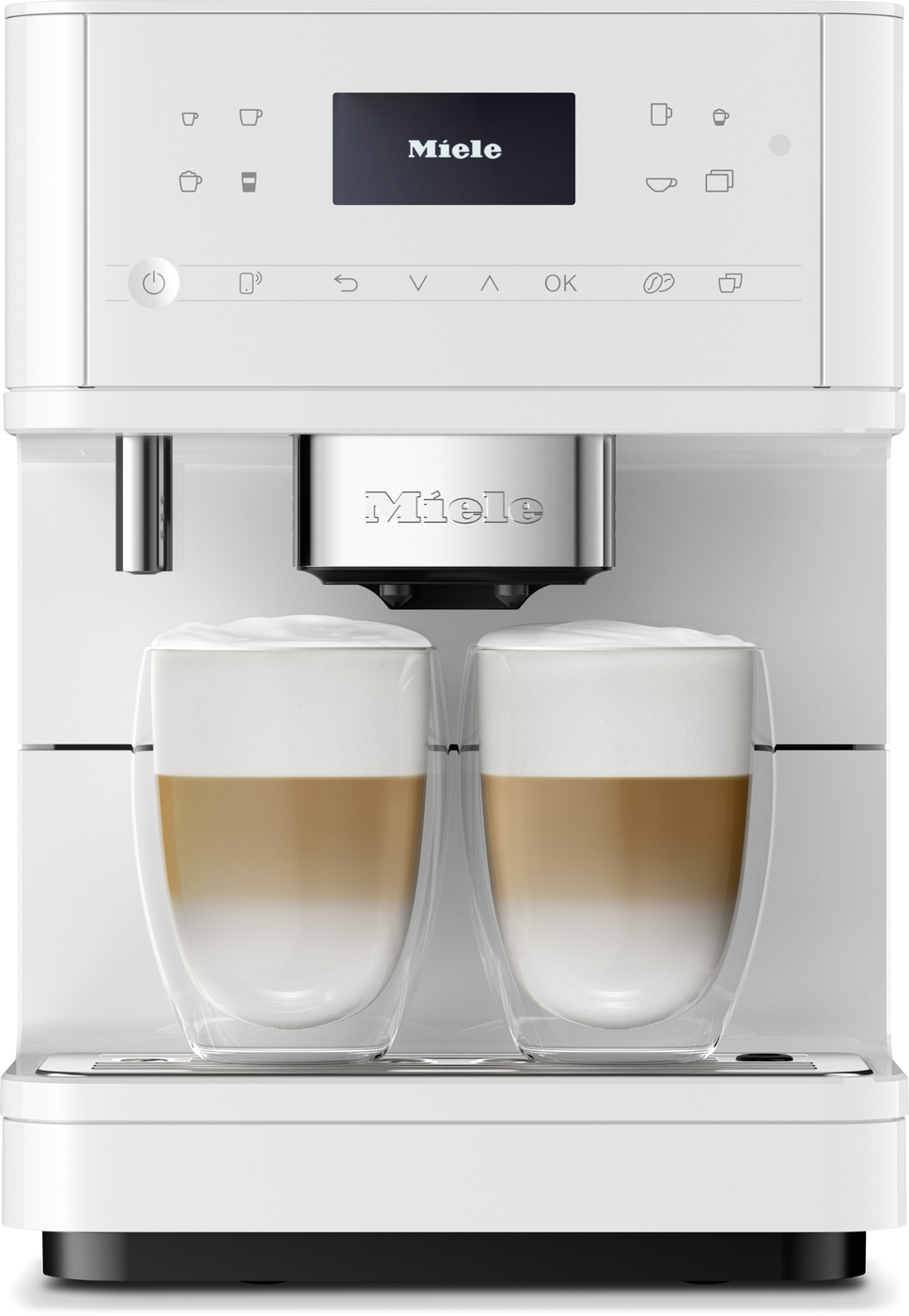White Miele espresso machine with two glass cups of layered lattes on the drip tray, ready to brew