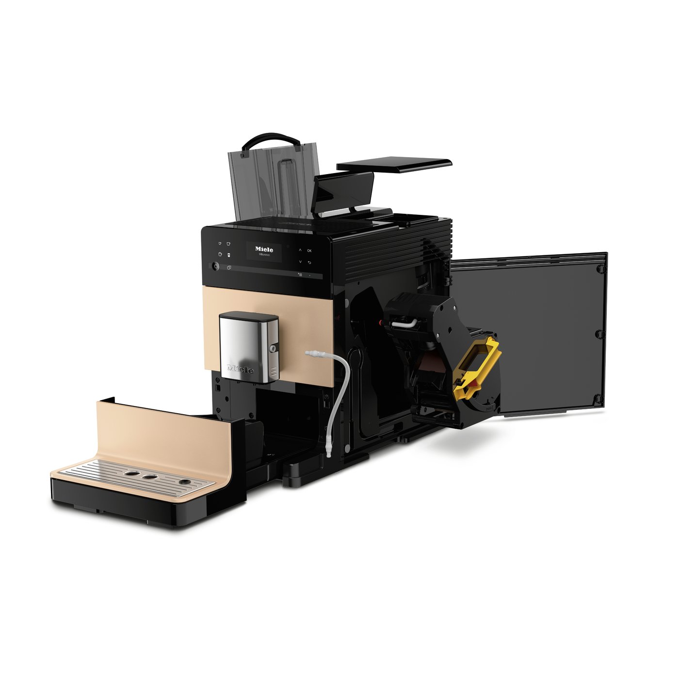 Miele espresso machine with copper front panel and integrated milk system, shown from a side angle with a cup tray nearby