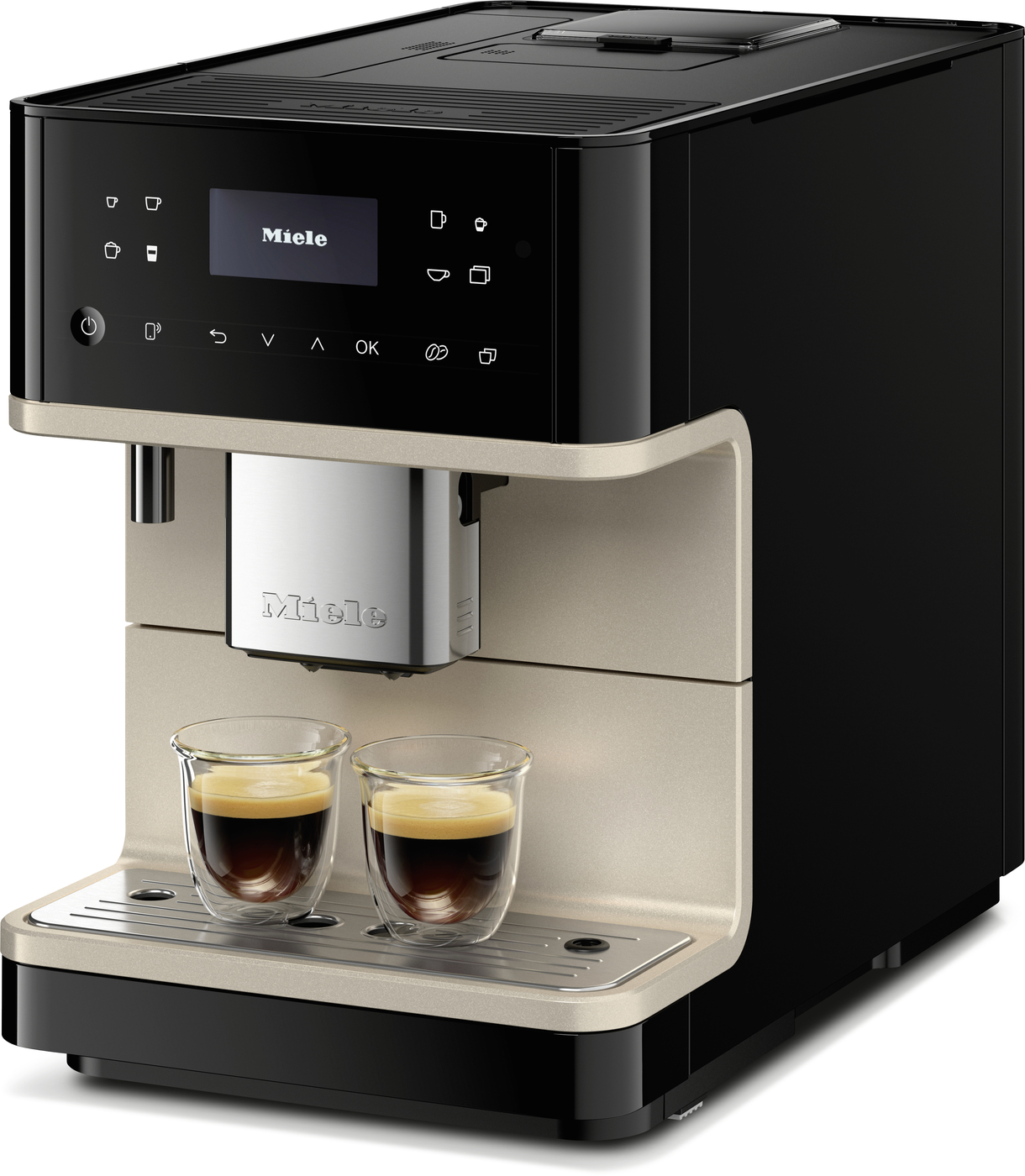 Black Miele coffee machine with a stainless faucet area and a dual espresso setup on a beige tray; two glass cups filled with espresso sit beneath the brew spouts.