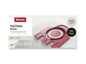 Miele HyClean Pure vacuum cleaner bag packaging with white left panel, red Miele logo, and a red circular component on the right; XXL Pack label visible.