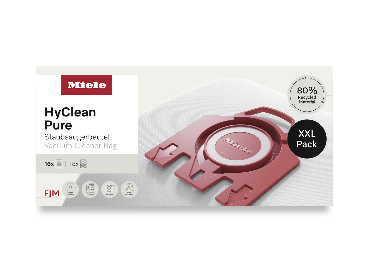 Miele HyClean Pure vacuum cleaner bag packaging with white left panel, red Miele logo, and a red circular component on the right; XXL Pack label visible.
