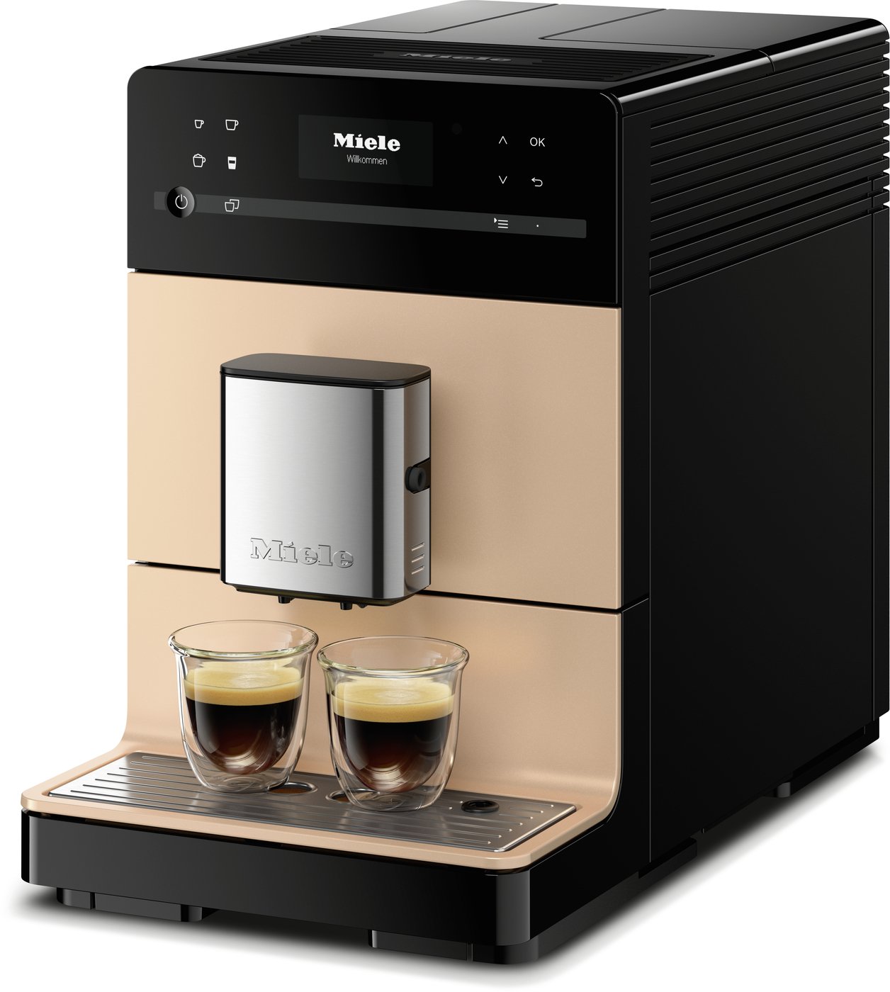 Modern black and copper Miele espresso machine with two glass cups brewing coffee on a metal drip tray