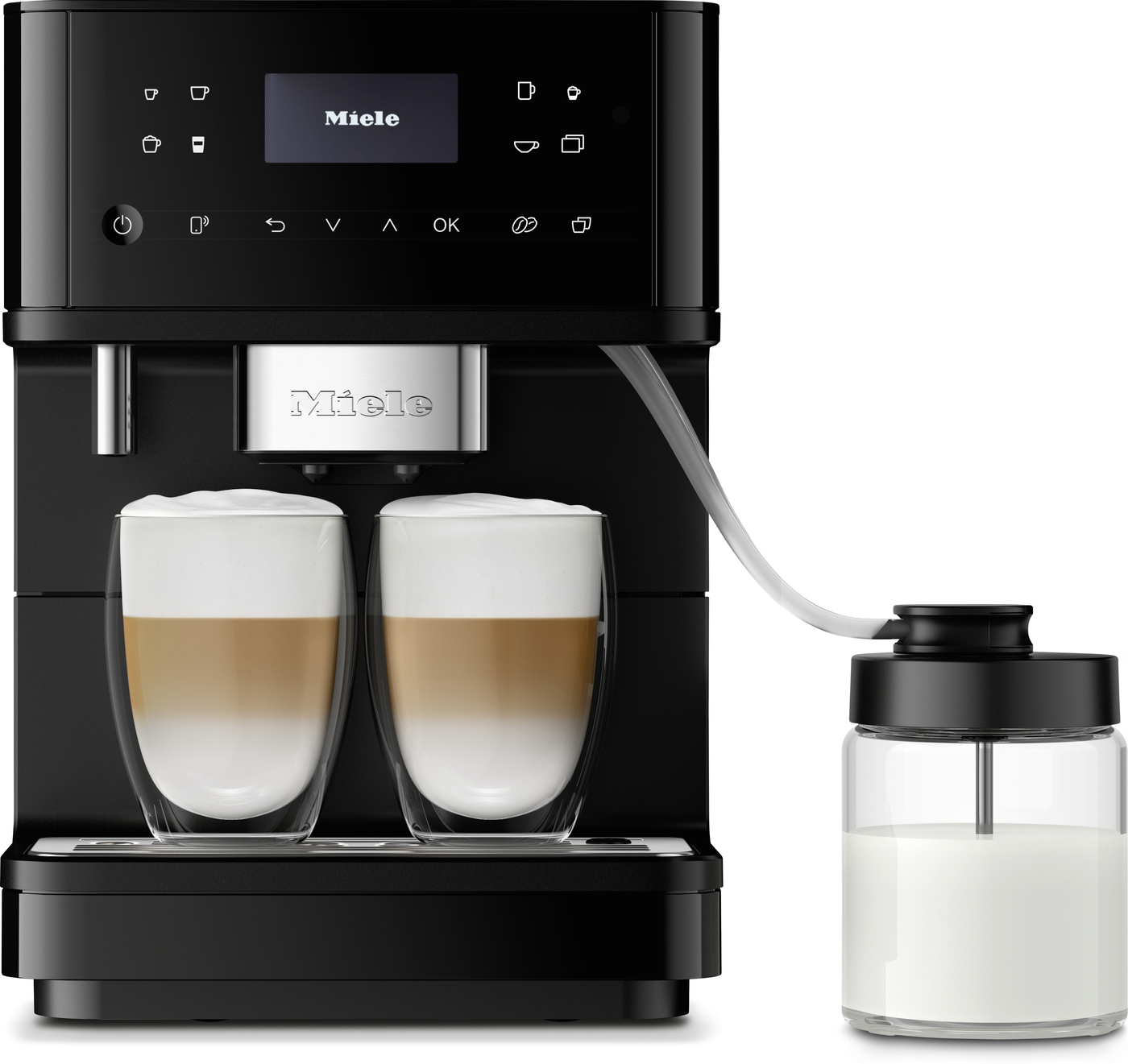 Front view of a black Miele coffee machine brewing two cappuccinos in clear glass cups with a milk jug on the side.