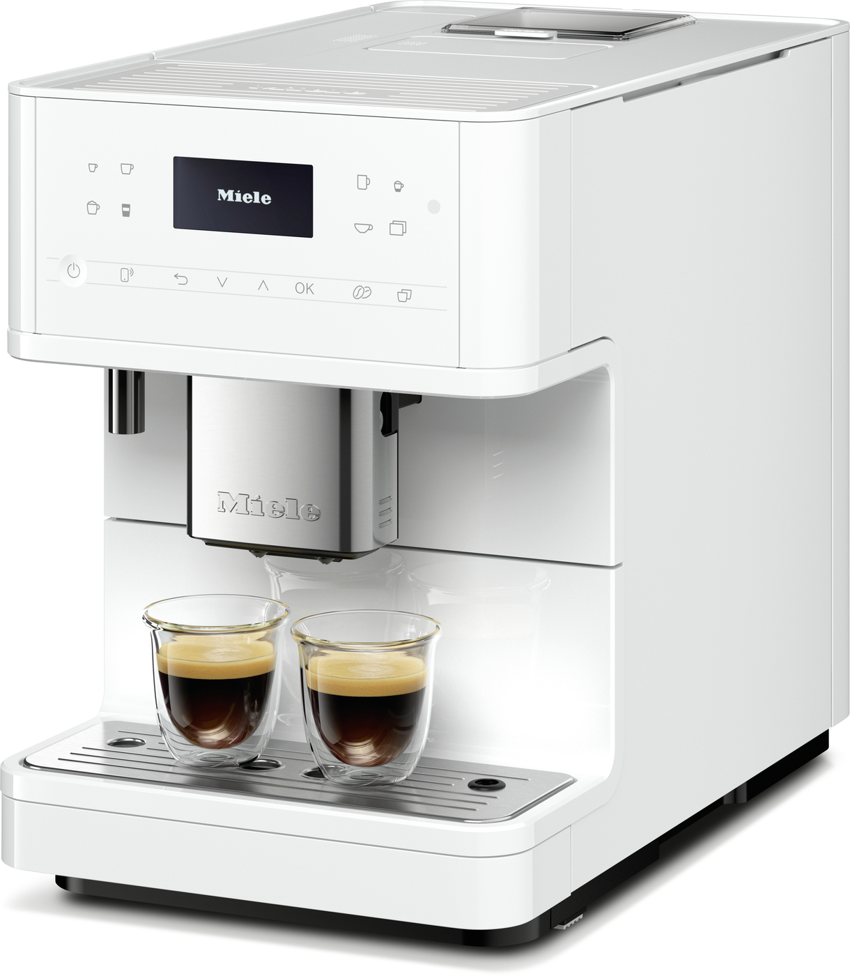 Miele espresso machine brewing two cups of espresso on the drip tray.