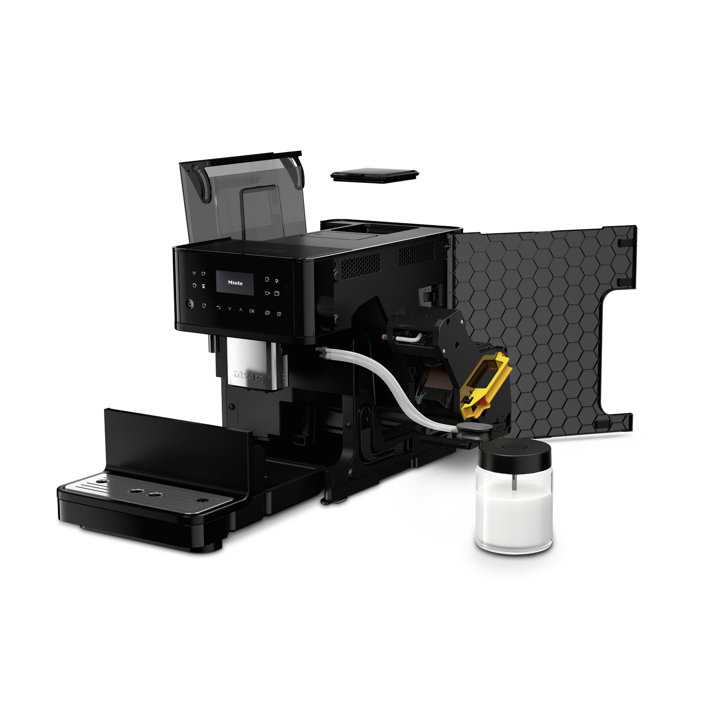 Black Miele coffee machine with a removable milk carafe and their honeycomb side panel exposed, showing internal components.