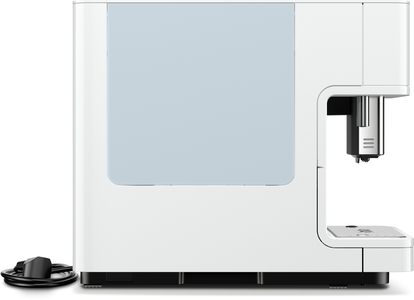 White compact coffee machine with a light blue front panel and built-in drip tray, cord coiled nearby