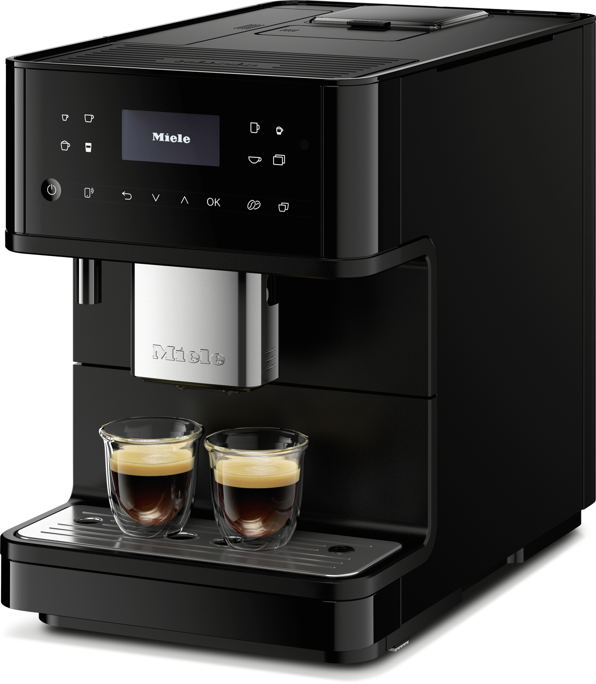 Black Miele espresso machine with a stainless drip tray, brewing two espresso shots into glass cups.