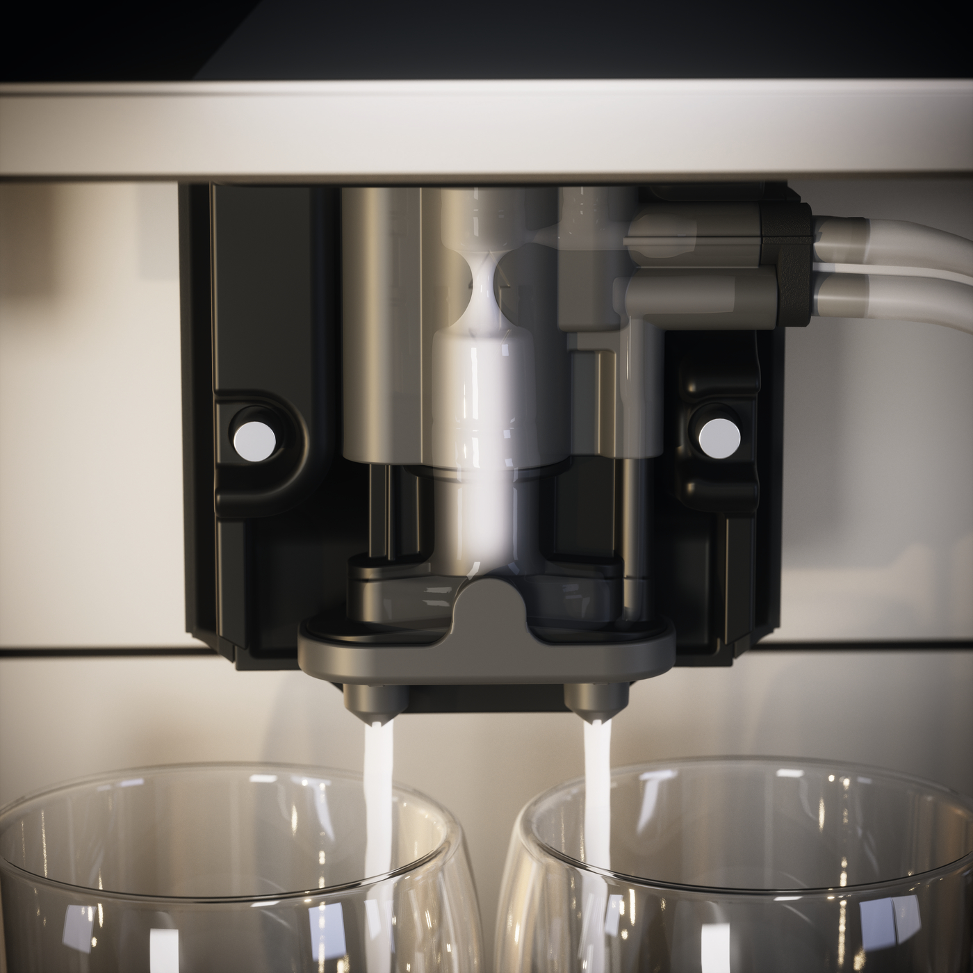 Close-up of a coffee machine dispensing white liquid into two clear glasses beneath the nozzle.