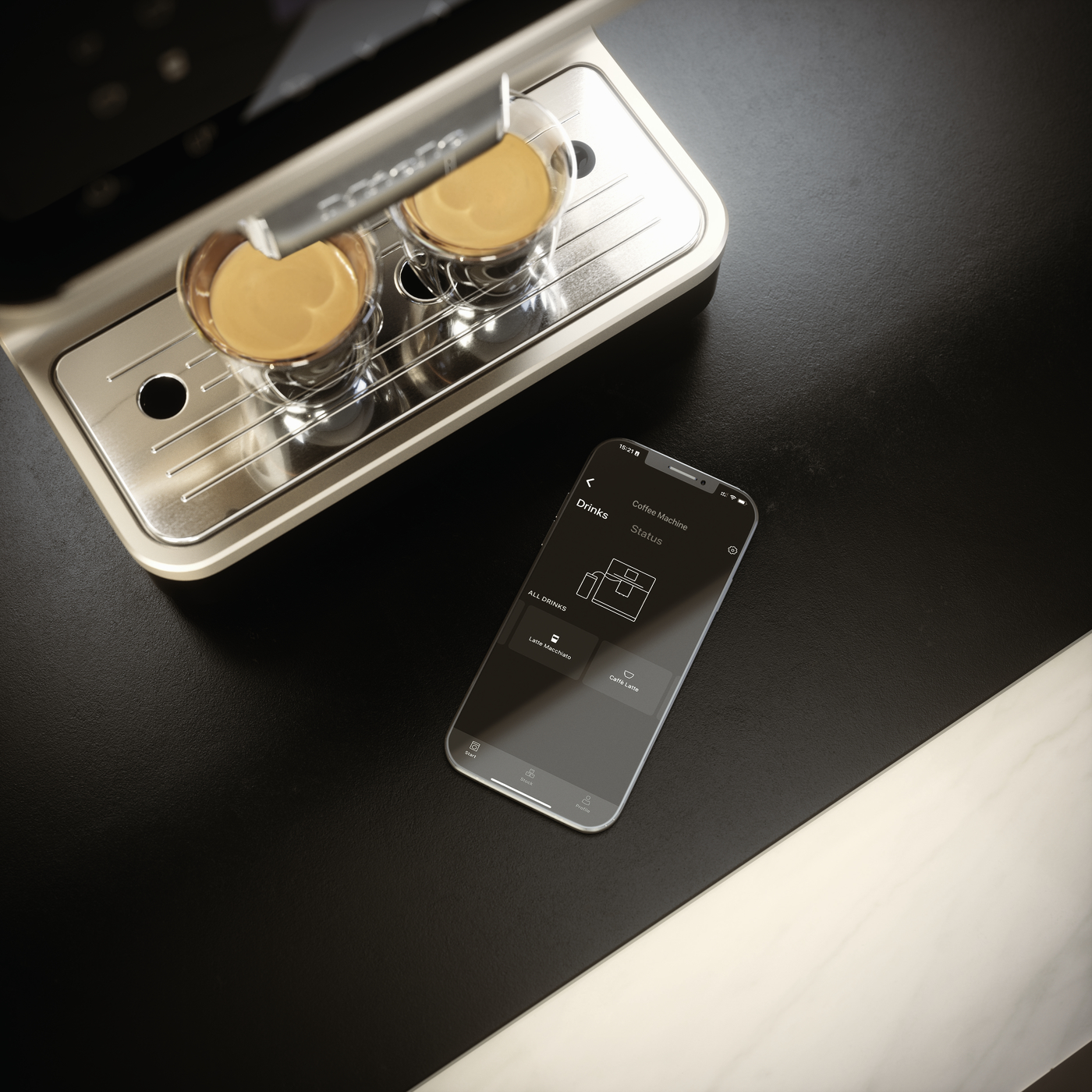 Espresso machine brewing two shots with glass cups and a smartphone displaying a coffee app nearby on a dark countertop