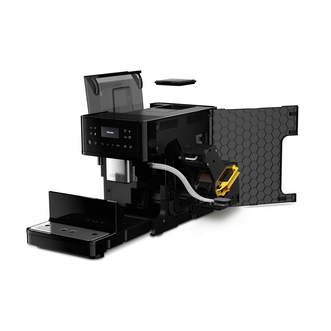 Exposed side view of a black Miele coffee machine with panels removed, showing internal components like tubing and a yellow actuator.
