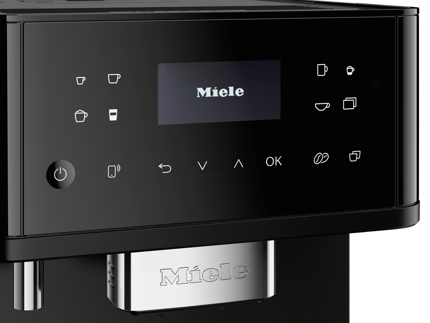 Front view of a Miele coffee machine with a touchscreen panel and coffee icons on display (power button left).