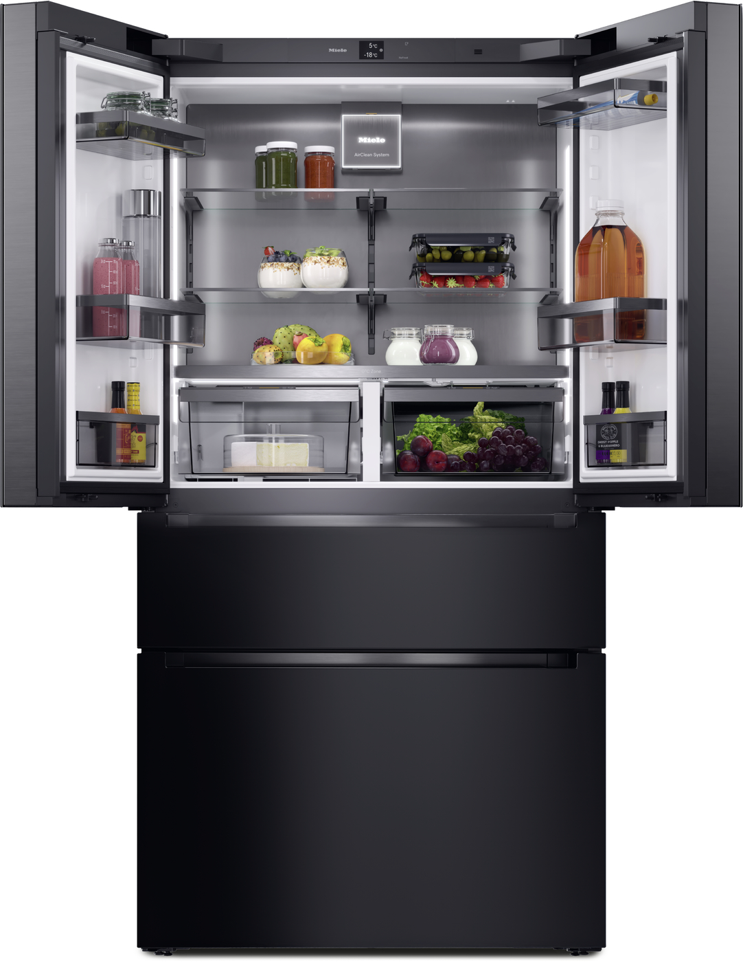 Open stainless steel refrigerator with glass shelves, showing fruits, vegetables, jars, and beverages.
