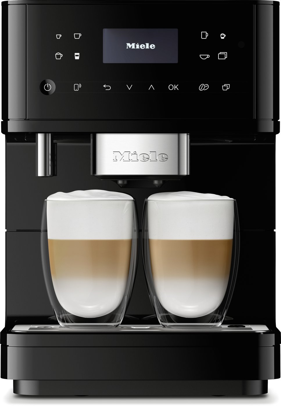 Black Miele coffee machine dispensing two cappuccinos into glass cups with foamy tops.