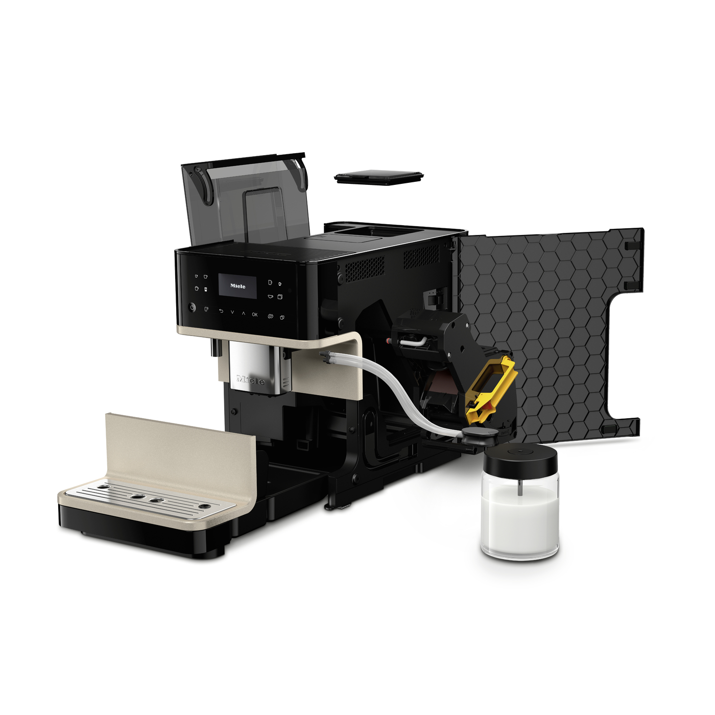 Partially disassembled espresso machine with side panels removed, exposing internal components, portafilter, and milk pitcher.