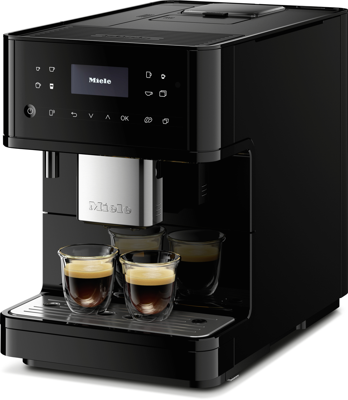 Black Miele espresso machine with a touchscreen display and control panel, brewing three espresso shots into glass cups on a metal drip tray.