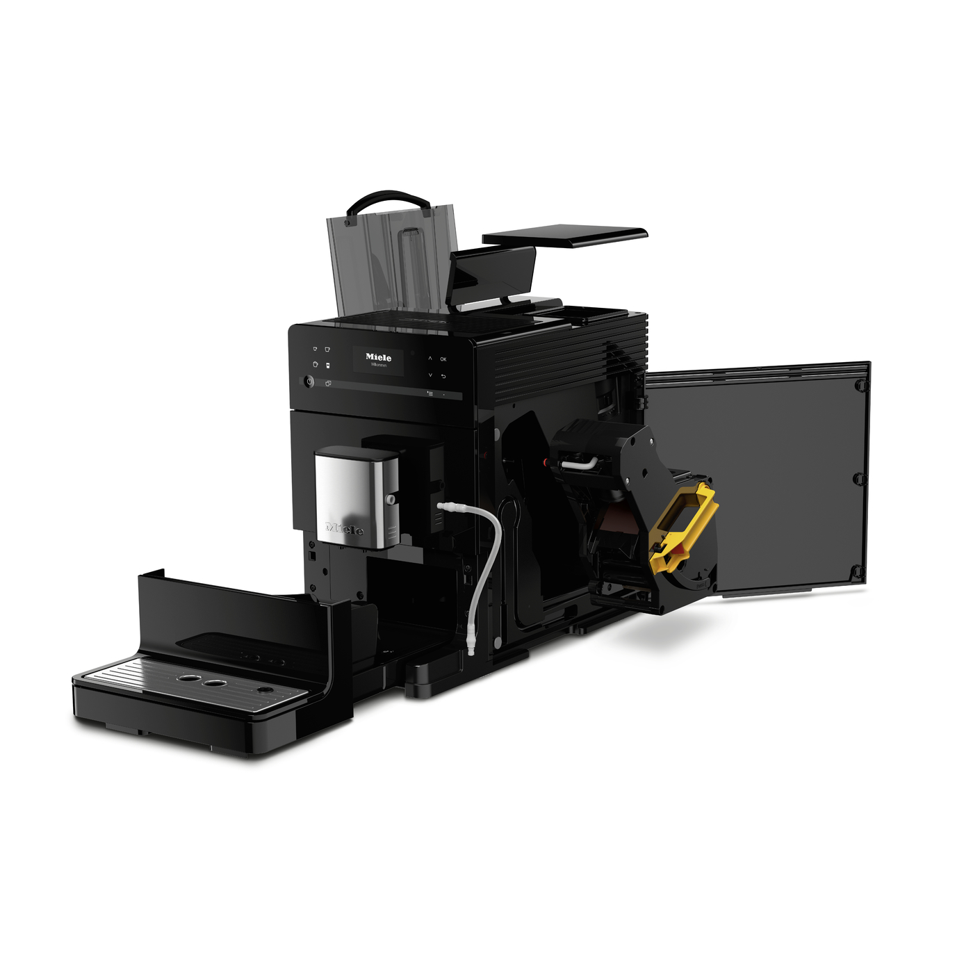 Professional black coffee machine with built-in milk frother and detachable module, shown from a side angle on a white background