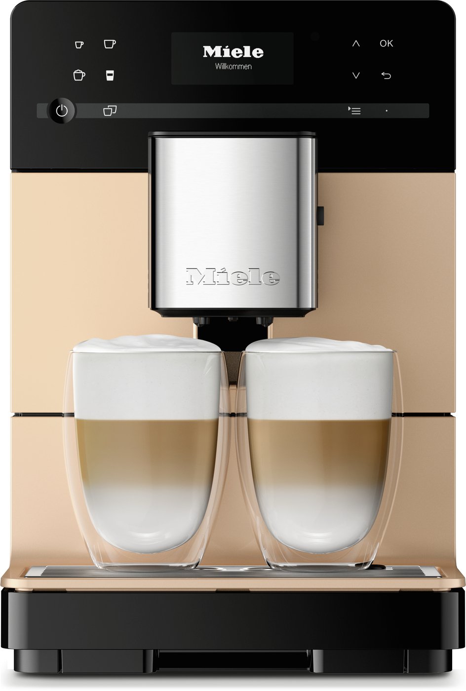 Rose-gold Miele coffee machine with two latte glasses under the spouts, foamed milk visible