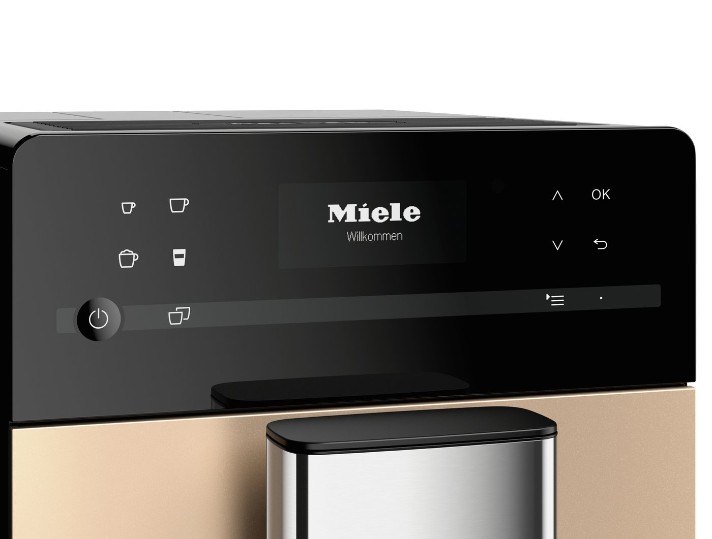 Miele control panel with a glossy black display showing 'Miele Willkommen' and cup icons on the left.