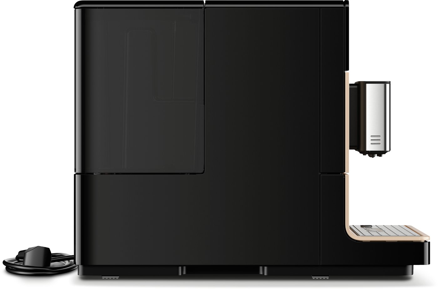 Modern black espresso machine with copper accents and a stainless steel dispenser on the right side.
